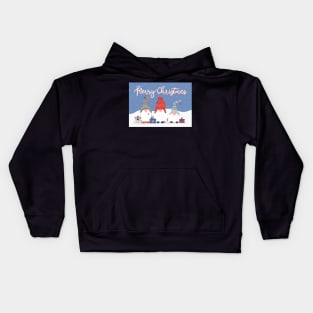 Three Merry Christmas Gnomes with Snowflakes and Presents on Pale Blue Kids Hoodie